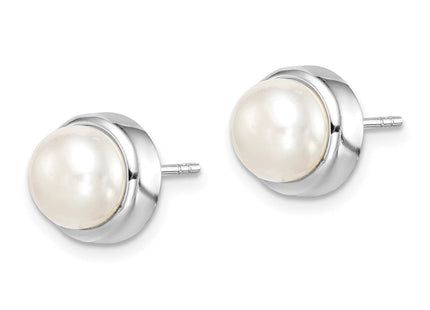 Sterling Silver Rhodium-plated 7- White Button Freshwater Cultured Pearl Post Earrings (Style QE15179)