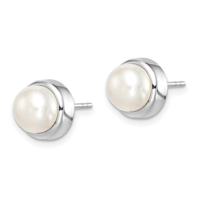 Sterling Silver Rhodium-plated White Button Freshwater Cultured Pearl Post Earrings, 9.1 x 9.1mm