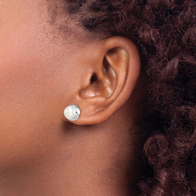 Sterling Silver Rhodium-plated White Button Freshwater Cultured Pearl Post Earrings, 9.1 x 9.1mm