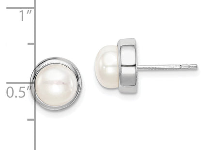 Sterling Silver Rhodium-plated 7- White Button Freshwater Cultured Pearl Post Earrings (Style QE15179)