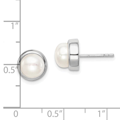Sterling Silver Rhodium-plated White Button Freshwater Cultured Pearl Post Earrings, 9.1 x 9.1mm