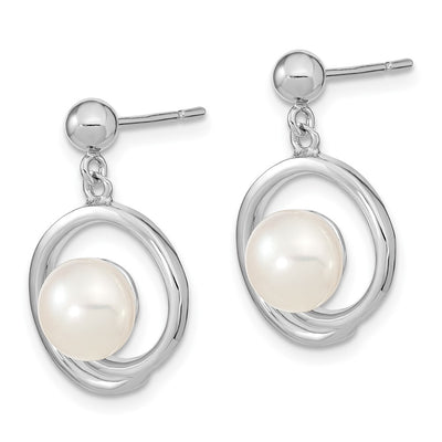 Sterling Silver Rhodium-plated White Button Freshwater Cultured Pearl Post Dangle Earrings