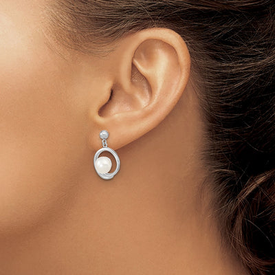 Sterling Silver Rhodium-plated White Button Freshwater Cultured Pearl Post Dangle Earrings