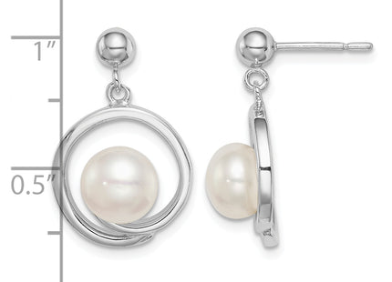 Sterling Silver Rhodium-plated 7- White Button Freshwater Cultured Pearl Post Dangle Earrings