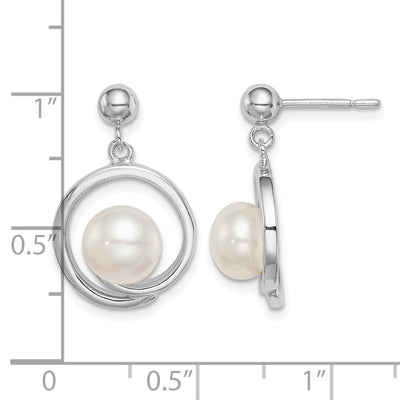 Sterling Silver Rhodium-plated White Button Freshwater Cultured Pearl Post Dangle Earrings