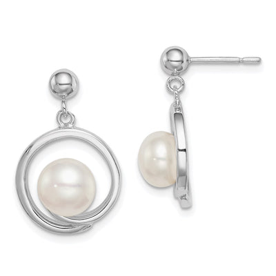 Sterling Silver Rhodium-plated White Button Freshwater Cultured Pearl Post Dangle Earrings