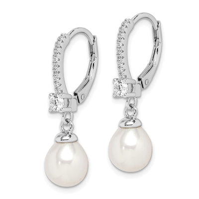 Sterling Silver Rhodium-plated White Teardrop Freshwater Cultured Pearl and CZ Leverback Dangle Earrings, 27 x 7 to 8mm