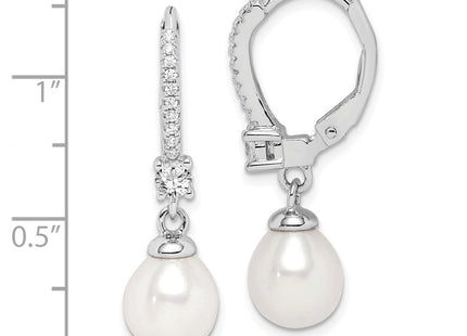 Sterling Silver Rhodium-plated 7- White Teardrop Freshwater Cultured Pearl and CZ Leverback Dangle Earrings (Style QE15201)