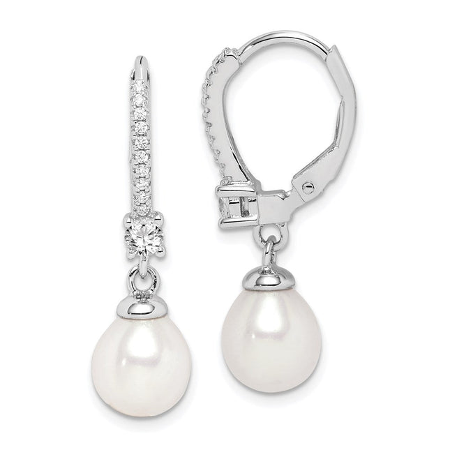 Sterling Silver Rhodium-plated 7- White Teardrop Freshwater Cultured Pearl and CZ Leverback Dangle Earrings, 27 x 7 to 8mm