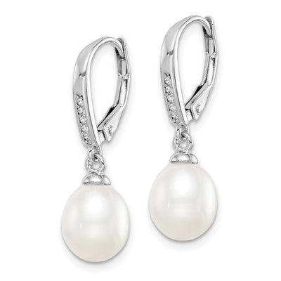 Sterling Silver Rhodium-plated White Teardrop Freshwater Cultured Pearl and CZ Leverback Dangle Earrings, 26 x 7 to 8mm
