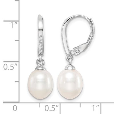 Sterling Silver Rhodium-plated White Teardrop Freshwater Cultured Pearl and CZ Leverback Dangle Earrings, 26 x 7 to 8mm