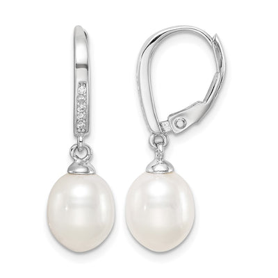Sterling Silver Rhodium-plated White Teardrop Freshwater Cultured Pearl and CZ Leverback Dangle Earrings, 26 x 7 to 8mm
