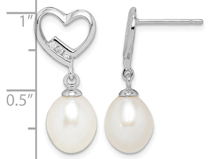 Sterling Silver Rhodium-plated 7- White Rice Freshwater Pearl and CZ Heart Post Dangle Earrings