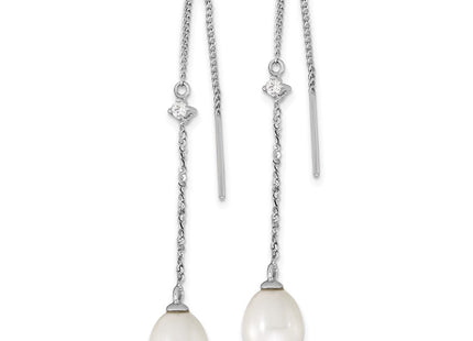 Sterling Silver Rhodium-plated 7- White Teardrop Freshwater Cultured Pearl and CZ Threader Earrings (Style QE15211)