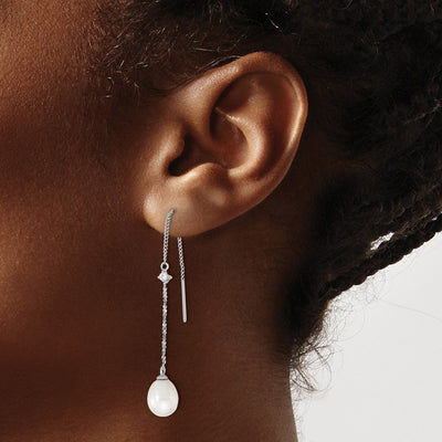 Sterling Silver Rhodium-plated White Teardrop Freshwater Cultured Pearl and CZ Threader Earrings, 38.35 x 7 to 8mm