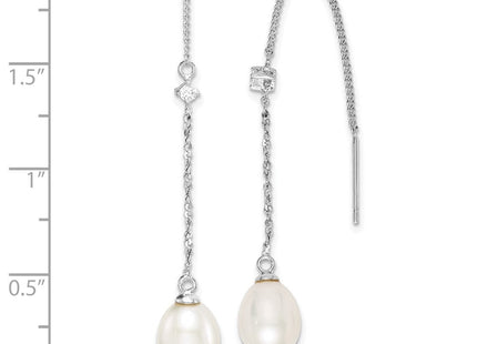 Sterling Silver Rhodium-plated 7- White Teardrop Freshwater Cultured Pearl and CZ Threader Earrings (Style QE15211)