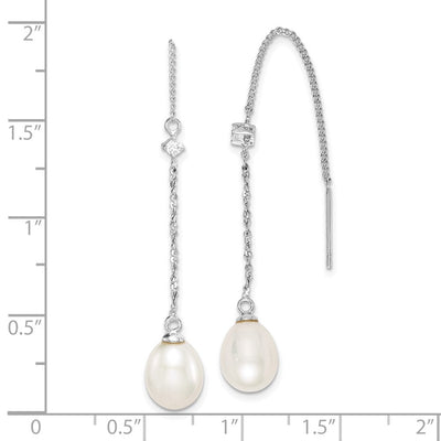 Sterling Silver Rhodium-plated White Teardrop Freshwater Cultured Pearl and CZ Threader Earrings, 38.35 x 7 to 8mm