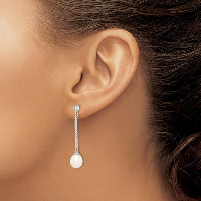 Sterling Silver Rhodium-plated White Rice Freshwater Cultured Pearl and CZ Post Dangle Earrings, 41.6 x 8 to 9mm