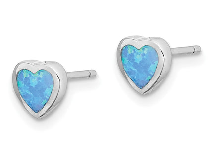 Sterling Silver Rhodium-plated Blue Created Opal Heart Post Earrings