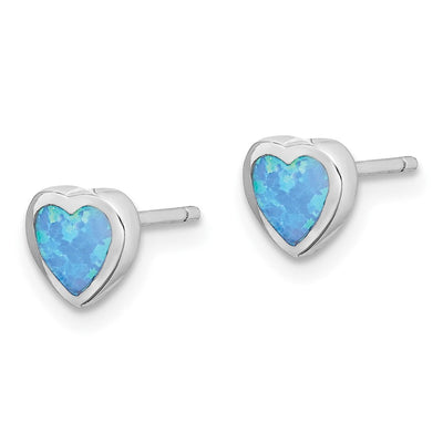 Sterling Silver Rhodium-plated Blue Created Opal Heart Post Earrings, 6.3 x 6mm