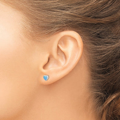 Sterling Silver Rhodium-plated Blue Created Opal Heart Post Earrings, 6.3 x 6mm
