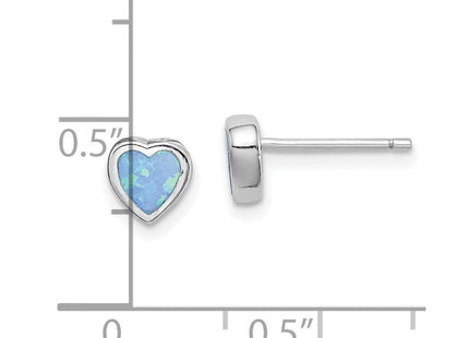 Sterling Silver Rhodium-plated Blue Created Opal Heart Post Earrings
