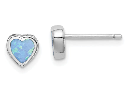 Sterling Silver Rhodium-plated Blue Created Opal Heart Post Earrings