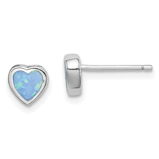 Sterling Silver Rhodium-plated Blue Created Opal Heart Post Earrings