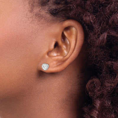 Sterling Silver RH-plated Polished & Textured Heart CZ Stud Earrings
