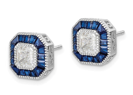 Sterling Silver Rhodium-plated Synthetic Blue Spinel and CZ Earrings (Style QE15252)