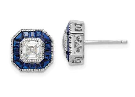 Sterling Silver Rhodium-plated Synthetic Blue Spinel and CZ Earrings (Style QE15252)