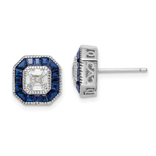 Sterling Silver Rhodium-plated Synthetic Blue Spinel and CZ Earrings (Style QE15252)