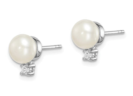 Sterling Silver Rhodium-plated 6- White Button Freshwater Cultured Pearl and CZ Post Earrings (Style QE15258)