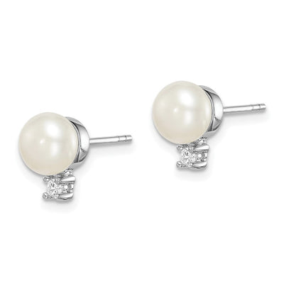 Sterling Silver Rhodium-plated White Button Freshwater Cultured Pearl and CZ Post Earrings, 9.78 x 6 to 7mm
