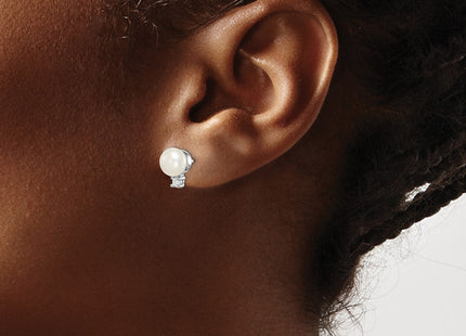 Sterling Silver Rhodium-plated 6- White Button Freshwater Cultured Pearl and CZ Post Earrings (Style QE15258)