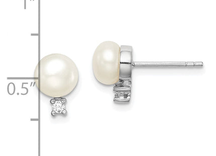 Sterling Silver Rhodium-plated 6- White Button Freshwater Cultured Pearl and CZ Post Earrings (Style QE15258)