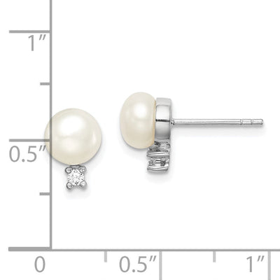 Sterling Silver Rhodium-plated White Button Freshwater Cultured Pearl and CZ Post Earrings, 9.78 x 6 to 7mm