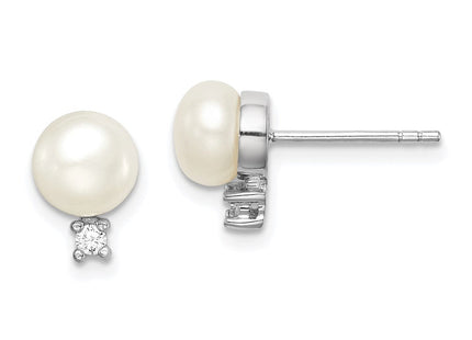 Sterling Silver Rhodium-plated 6- White Button Freshwater Cultured Pearl and CZ Post Earrings (Style QE15258)