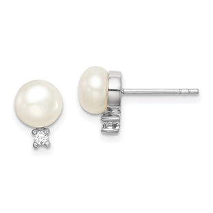Sterling Silver Rhodium-plated 6- White Button Freshwater Cultured Pearl and CZ Post Earrings (Style QE15258)