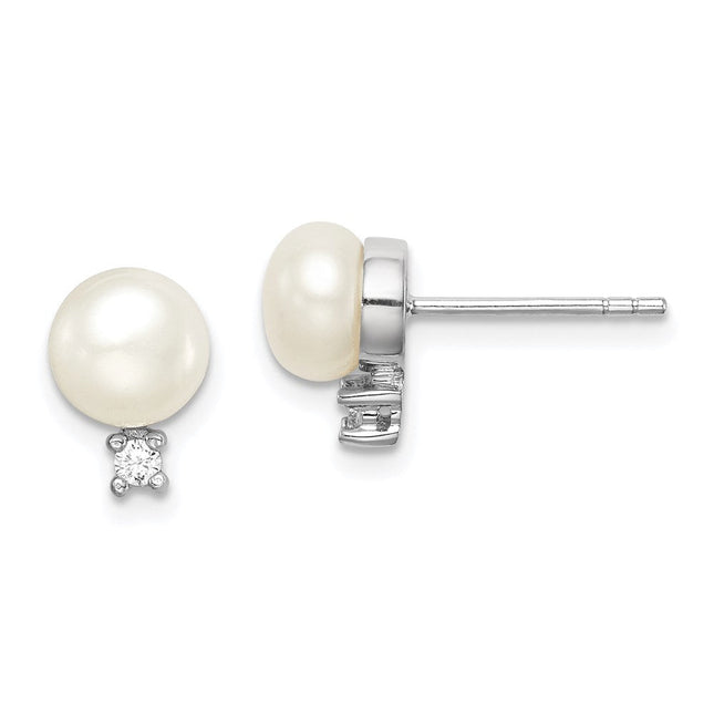 Sterling Silver Rhodium-plated 6- White Button Freshwater Cultured Pearl and CZ Post Earrings, 9.78 x 6 to 7mm