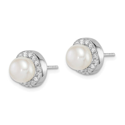 Sterling Silver Rhodium-plated White Button Freshwater Cultured Pearl and CZ Post Earrings, 9.95 x 9.85mm