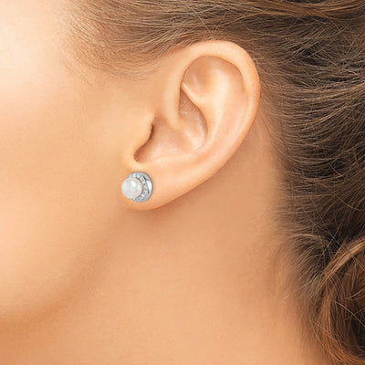 Sterling Silver Rhodium-plated White Button Freshwater Cultured Pearl and CZ Post Earrings, 9.95 x 9.85mm