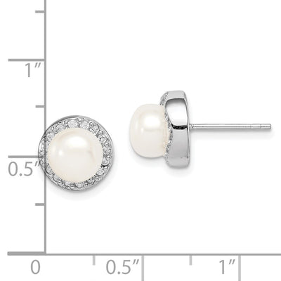 Sterling Silver Rhodium-plated White Button Freshwater Cultured Pearl and CZ Post Earrings, 9.95 x 9.85mm