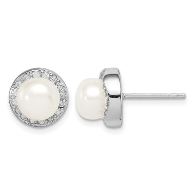 Sterling Silver Rhodium-plated White Button Freshwater Cultured Pearl and CZ Post Earrings, 9.95 x 9.85mm