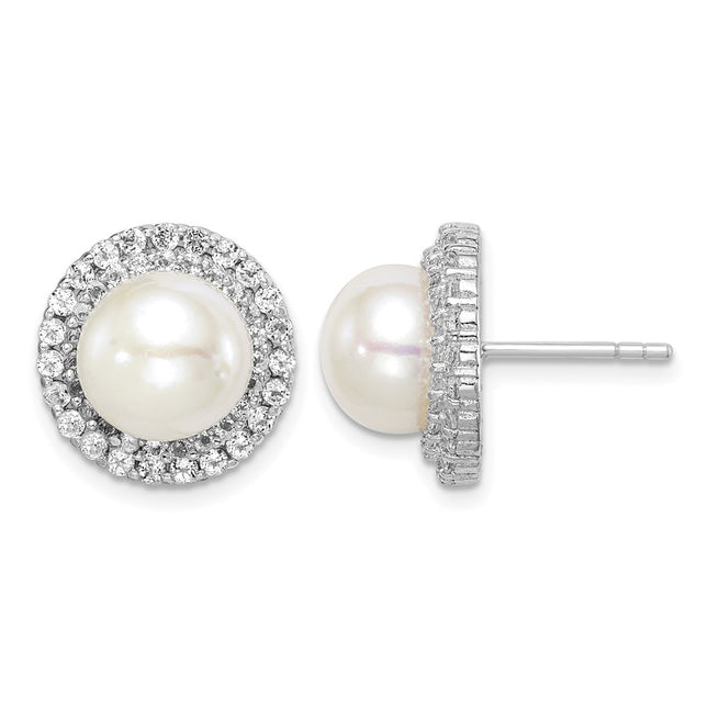 Sterling Silver Rhodium-plated 8- White Button Freshwater Cultured Pearl and CZ Post Earrings, 14.15 x 14.15mm