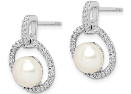 Sterling Silver Rhodium-plated 8- White Button Freshwater Cultured Pearl and CZ Post Dangle Earrings (Style QE15264)