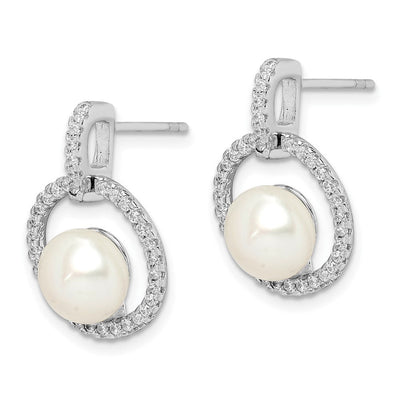 Sterling Silver Rhodium-plated White Button Freshwater Cultured Pearl and CZ Post Dangle Earrings, 20.25 x 14.26mm