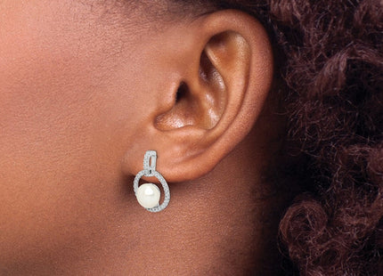 Sterling Silver Rhodium-plated 8- White Button Freshwater Cultured Pearl and CZ Post Dangle Earrings (Style QE15264)