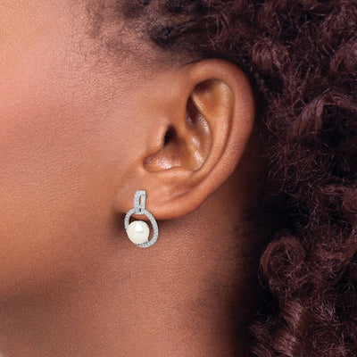 Sterling Silver Rhodium-plated White Button Freshwater Cultured Pearl and CZ Post Dangle Earrings, 20.25 x 14.26mm