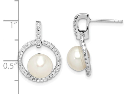 Sterling Silver Rhodium-plated 8- White Button Freshwater Cultured Pearl and CZ Post Dangle Earrings (Style QE15264)